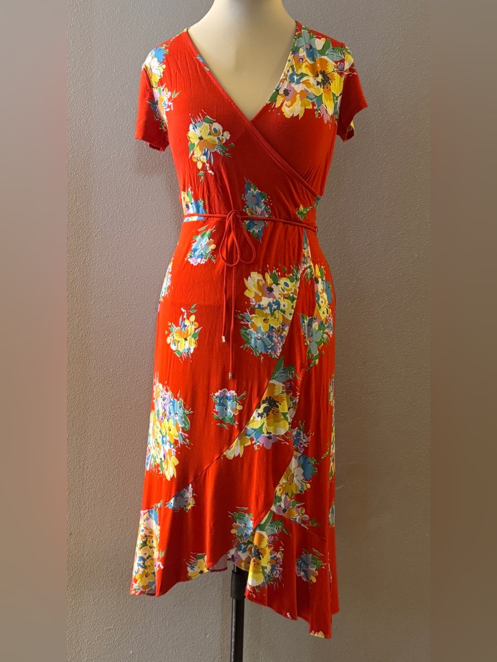 Lauren Ralph Lauren Floral Faux Wrap Midi Dress in Bright Red Waist Tie Size M